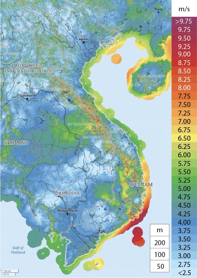 Bản đồ tốc độ gió ở Việt Nam – Các khu vực ngoài khơi Bình Thuận và Ninh Thuận đang có tiềm năng gió tốt nhất cả nước [nguồn: Global Wind Atlas]